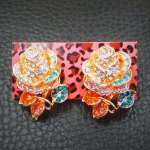 Betsey Johnson Fashion Enamel Women's Colorful Flower Rhinestone Earrings